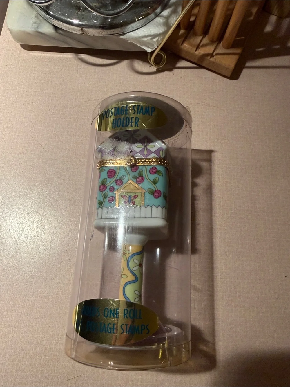 Still in original packaging 24K gold accents Hand Painted Postage Stamp Holder
